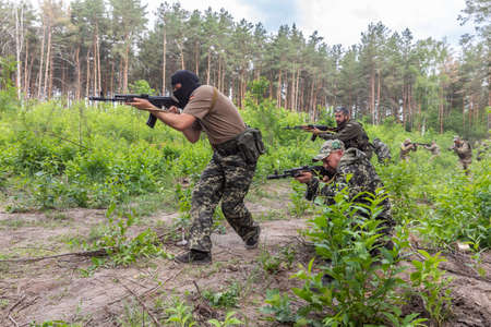 KYIV, UKRAINE - Jun. 17, 2022: War in Ukraine. Combat training of the Bucha Territorial Defense...