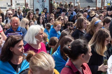 KYIV, UKRAINE - Jun. 18, 2022: War in Ukraine. Funeral Ceremony Of The Fallen Soldier And Activist...