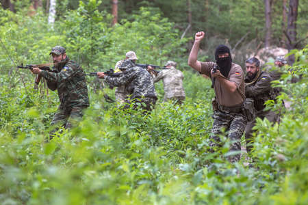 BUCHA, UKRAINE - Jun. 17, 2022: Members of the Bucha territorial defense unit, a support force to...