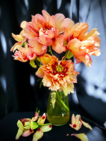 Romantic bouquets of flowers. Home decor and flowers arranging. In composition used peonies flowersの写真素材