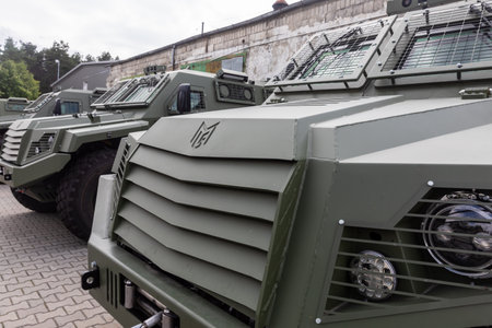 Ukrainian border, Poland - Jul. 16, 2022: A batch of 11 new Italian-made MLS SHIELD armored vehicles bought by the Poroshenko fund will be delivered to the Airborne Assault Forces of Ukraineのeditorial素材