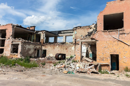 CHERNIHIV, UKRAINE - Jul. 27, 2022: War in Ukraine. Destroyed school in Chernihiv as a result of the...
