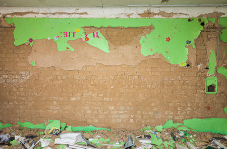 CHERNIHIV, UKRAINE - Jul. 27, 2022: War in Ukraine. Destroyed school in Chernihiv as a result of the...