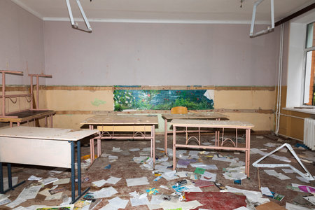 CHERNIHIV, UKRAINE - Jul. 27, 2022: War in Ukraine. Destroyed school in Chernihiv as a result of the attack of the Russian invadersのeditorial素材