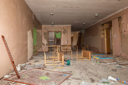 CHERNIHIV, UKRAINE - Jul. 27, 2022: War in Ukraine. Destroyed school in Chernihiv as a result of the attack of the Russian invadersのeditorial素材