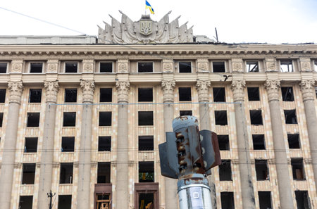 KHARKIV, UKRAINE - Jul. 28, 2022: Freedom Square in Kharkiv during the Russian invasion in Ukraine. An unexploded rocket is visible in the center of the square as a symbol of Russian aggression.のeditorial素材