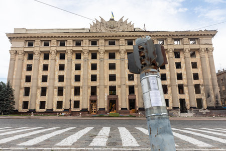 KHARKIV, UKRAINE - Jul. 28, 2022: Freedom Square in Kharkiv during the Russian invasion in Ukraine. An unexploded rocket is visible in the center of the square as a symbol of Russian aggression.のeditorial素材