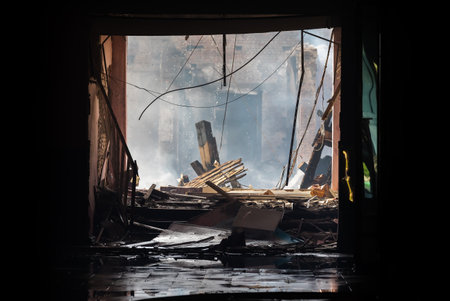 KHARKIV, UKRAINE - Jul. 30, 2022: The ruins of a completely damaged building of a specialized school...