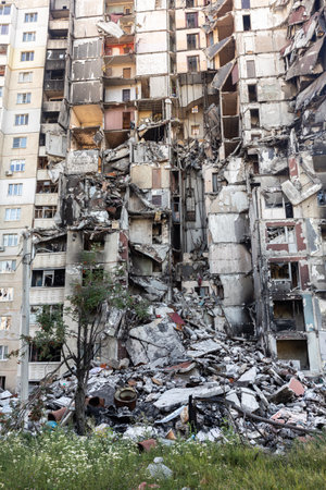 KHARKIV, UKRAINE - Jul. 29, 2022: Destroyed residential apartment building as a consequence of Russian missile shelling in the area of North Saltivka, Kharkiv, Ukraineのeditorial素材