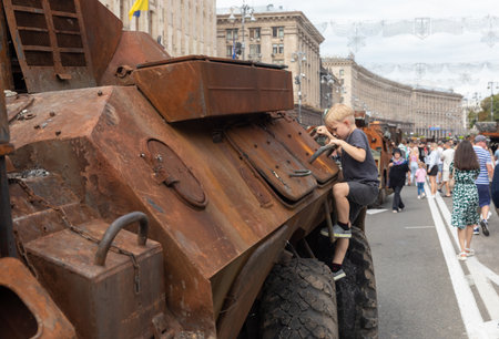 KYIV, UKRAINE - Aug. 20, 2022: An exhibition of destroyed Russian equipment is being organized on...