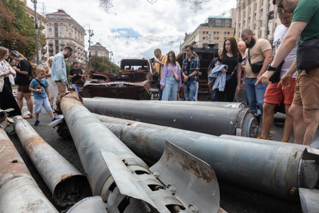 KYIV, UKRAINE - Aug. 20, 2022: An exhibition of destroyed Russian equipment is being organized on Khreshchatyk in Kyivのeditorial素材