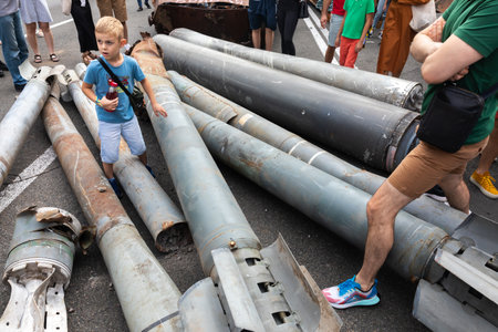 KYIV, UKRAINE - Aug. 20, 2022: An exhibition of destroyed Russian equipment is being organized on Khreshchatyk in Kyivのeditorial素材