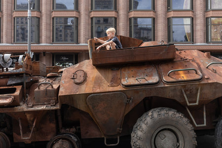 KYIV, UKRAINE - Aug. 20, 2022: An exhibition of destroyed Russian equipment is being organized on Khreshchatyk in Kyivのeditorial素材