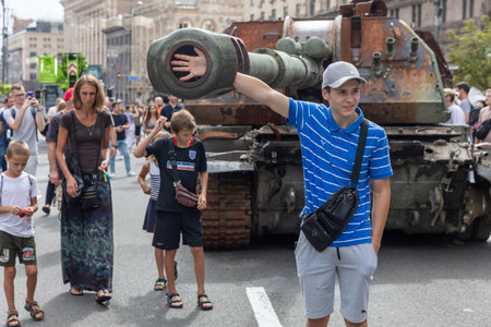 KYIV, UKRAINE - Aug. 20, 2022: An exhibition of destroyed Russian equipment is being organized on...