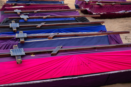 BUCHA, UKRAINE - Sep. 02, 2022: Burial of the remains of 13 unidentified and two identified people who were killed in the Bucha district during the Russian occupationのeditorial素材