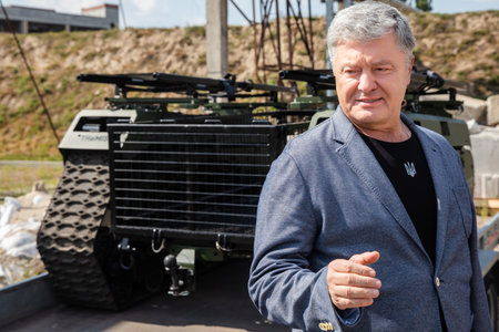 KYIV, UKRAINE - Aug. 29, 2022: Fifth President Petro Poroshenko presented combat robot designed to...