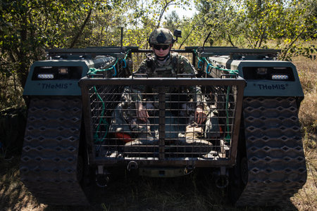 KYIV REG., UKRAINE - Sep. 08, 2022: Field tests of THeMIS multi-purpose crawler drone which will be...