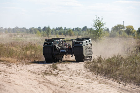 KYIV REG., UKRAINE - Sep. 08, 2022: Field tests of THeMIS multi-purpose crawler drone which will be...