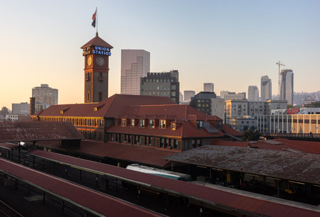 Portland, OR, USA - Oct 14, 2022: Union Station Train Transportation Complex Building Clock Towerのeditorial素材