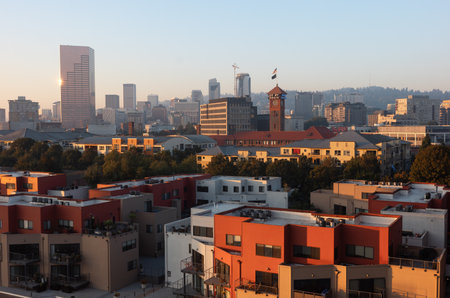Portland, OR, USA - Oct 14, 2022: Rooftops of Portland houses and a view of the building of the railway transport complex Union Stationのeditorial素材