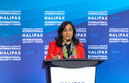 Halifax, Canada - Nov. 18, 2022: Minister of National Defense of Canada Anita Anand during the opening remarks at the International Security Forum in Halifax, Canadaのeditorial素材