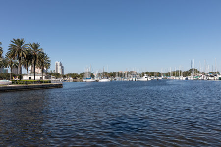 ST. PETERSBURG, FLORIDA - Oct. 21, 2022: Line of sailboats docked in St. Petersburg, Florida.のeditorial素材