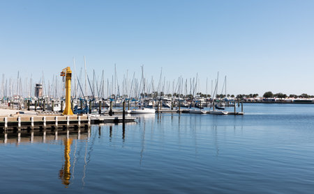 ST. PETERSBURG, FLORIDA - Oct. 21, 2022: Line of sailboats docked in St. Petersburg, Florida.のeditorial素材