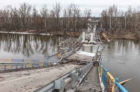 The remains of a destroyed bridge in Bogorodichne. Donetsk reg. The village was devastated by Russian forces.の写真素材
