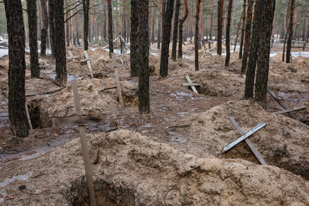 IZIUM, UKRAINE - Mar. 03, 2023: Crosses are seen at a forest grave site after an exhumation in the town of Izium, recently liberated by Ukrainian forces, in the Kharkiv region, Ukraine.のeditorial素材
