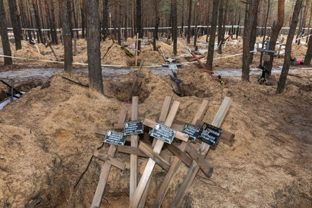 IZIUM, UKRAINE - Mar. 03, 2023: Crosses with names of the dead and buried in a pine forest at a mass grave site near Izium, Kharkiv regionのeditorial素材