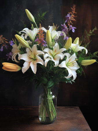 Romantic bouquet with lilies in retro style. The art of flower arranging. AI generatedの素材