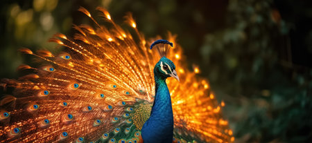 Flaming peacock showcasing its feathers during golden hour at sunset. AI generatedの素材