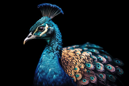 Beautiful peacock head. Close up portrait of beautiful peacock. AI generatedの素材