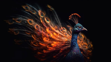 A flaming peacock showing off its feathers at night in the beam of light from the setting sun. AI generatedの素材