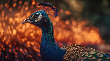 Flaming peacock showcasing its feathers during golden hour at sunset. AI generatedの素材