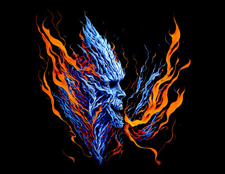 Opposition of fire and ice in the form of a terrifying head isolated on a black background. AI generatedの素材