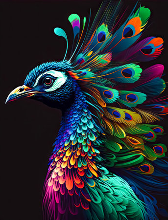 Peacock in pop art style. A bold and vibrant peacock with feathers in bright and contrasting colors, featuring a pop art-inspired aesthetic. AI generatedの素材