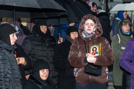 KYIV, UKRAINE - Mar. 31, 2023: Believers of the Ukrainian Orthodox Church of Moscow patriarchate...