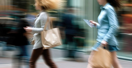 An abstract image of two women with bags in motion on a big city street. Blurred image of city streets on the background. Motion blurred imageの写真素材
