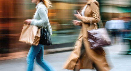 An abstract image of two women with bags in motion on a big city street. Blurred image of city streets on the background. Motion blurred imageの写真素材
