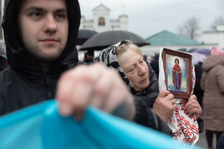 KYIV, UKRAINE - Mar. 31, 2023: Believers of the Ukrainian Orthodox Church of Moscow patriarchate...