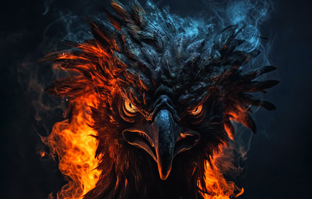 Devil in fire. A demon head on fire. The head of a mystical creature with tongues of flame fire. AI generatedの素材