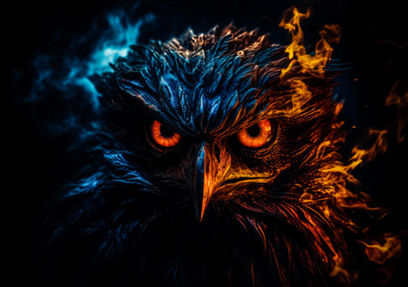 Devil in fire. A demon head on fire. The head of a mystical creature with tongues of flame fire. AI generatedの素材