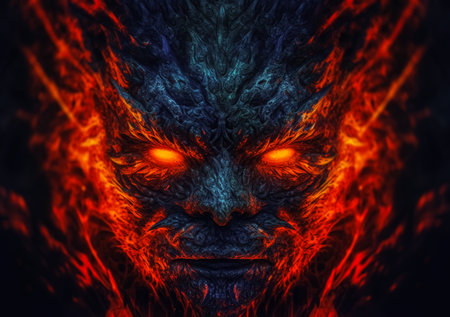 Devil in fire. A demon head on fire. The head of a mystical creature with tongues of flame fire. AI generatedの素材