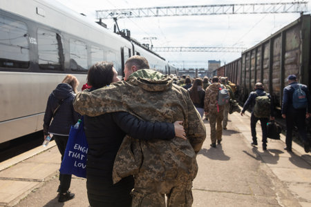 KRAMATORSK, UKRAINE - Apr. 04, 2023: Railway station in Kramatorsk has already become a permanent meeting place for Ukrainian soldiers and their loved ones.のeditorial素材