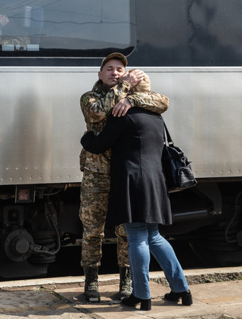 KRAMATORSK, UKRAINE - Apr. 04, 2023: Railway station in Kramatorsk has already become a permanent meeting place for Ukrainian soldiers and their loved ones.のeditorial素材