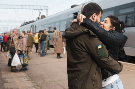 KRAMATORSK, UKRAINE - Apr. 04, 2023: Railway station in Kramatorsk has already become a permanent meeting place for Ukrainian soldiers and their loved ones.のeditorial素材