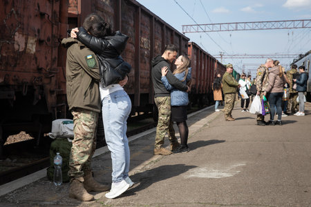 KRAMATORSK, UKRAINE - Apr. 04, 2023: Railway station in Kramatorsk has already become a permanent meeting place for Ukrainian soldiers and their loved ones.のeditorial素材