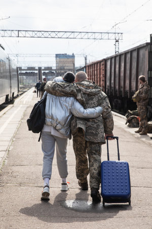 KRAMATORSK, UKRAINE - Apr. 04, 2023: Railway station in Kramatorsk has already become a permanent meeting place for Ukrainian soldiers and their loved ones.のeditorial素材