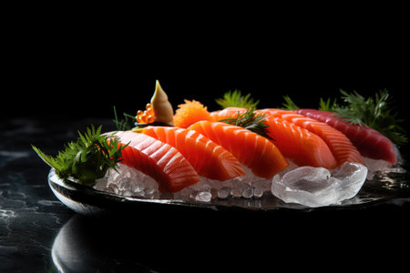 Close up tasty Japanese cuisine photography, featuring a platter of perfectly sliced sashimi in a sleek, minimalist sushi bar. The simple presentation and delicate lighting.の素材